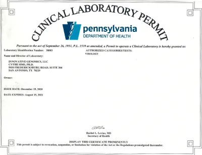 Pennsylvania Department of Health 2020 - 2021